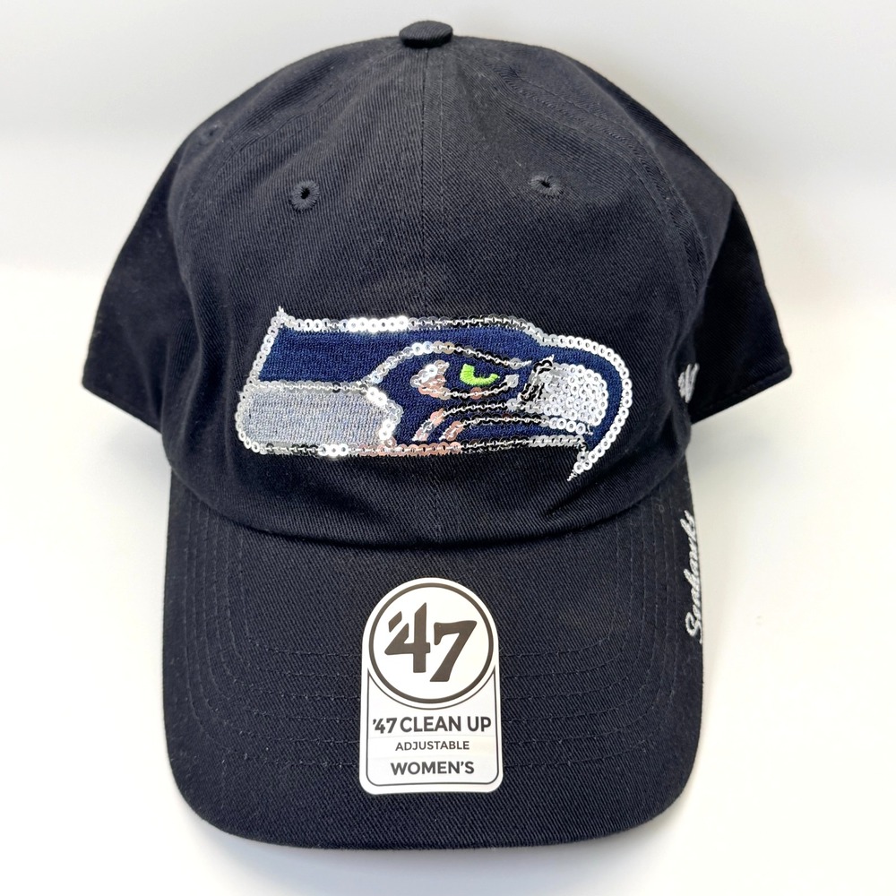 Womens '47 Brand NFL Seattle Seahawks Sparkle Team Clean Up Hat, Navy Blue NWT